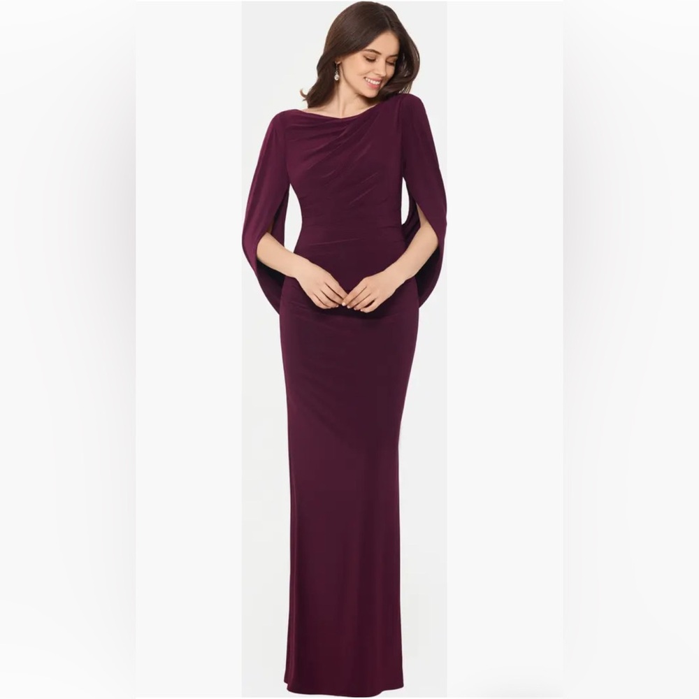 Wine Cape Long Sleeve Trumpet Gown
Betsy & Adam